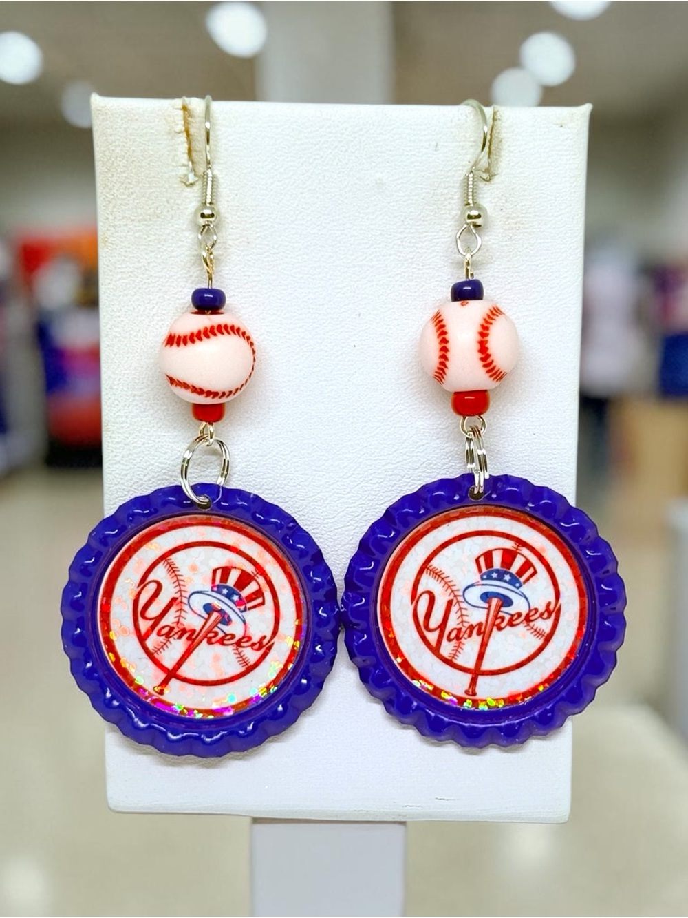 New York Yankees Inspired Baseball Bottle Cap Dangle Earrings Red, White & Blue